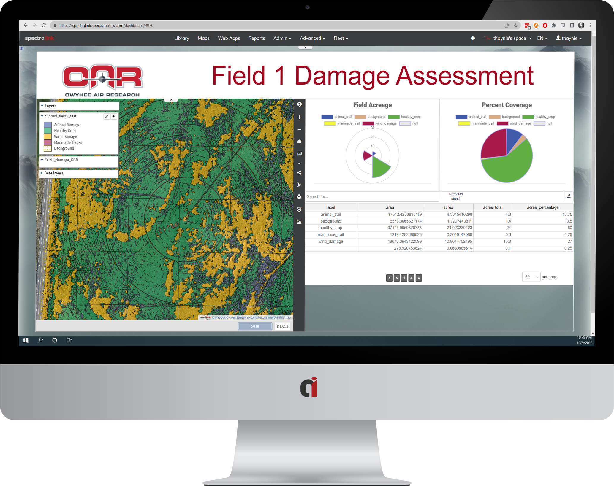 Crop field damage report based on damage sources